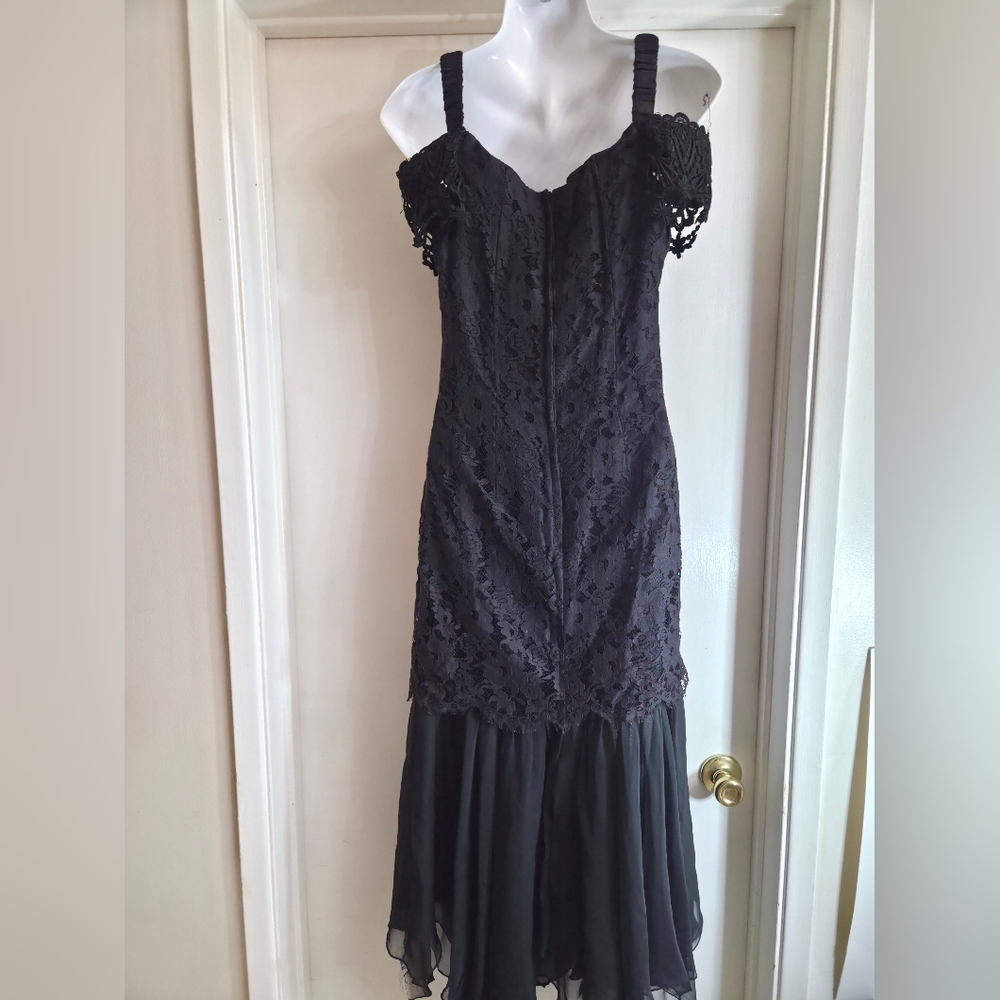 Scott McClintock Elegant Black Lace Dress. Long Asymmetric Black Cocktail Dress - Picture 3 of 13